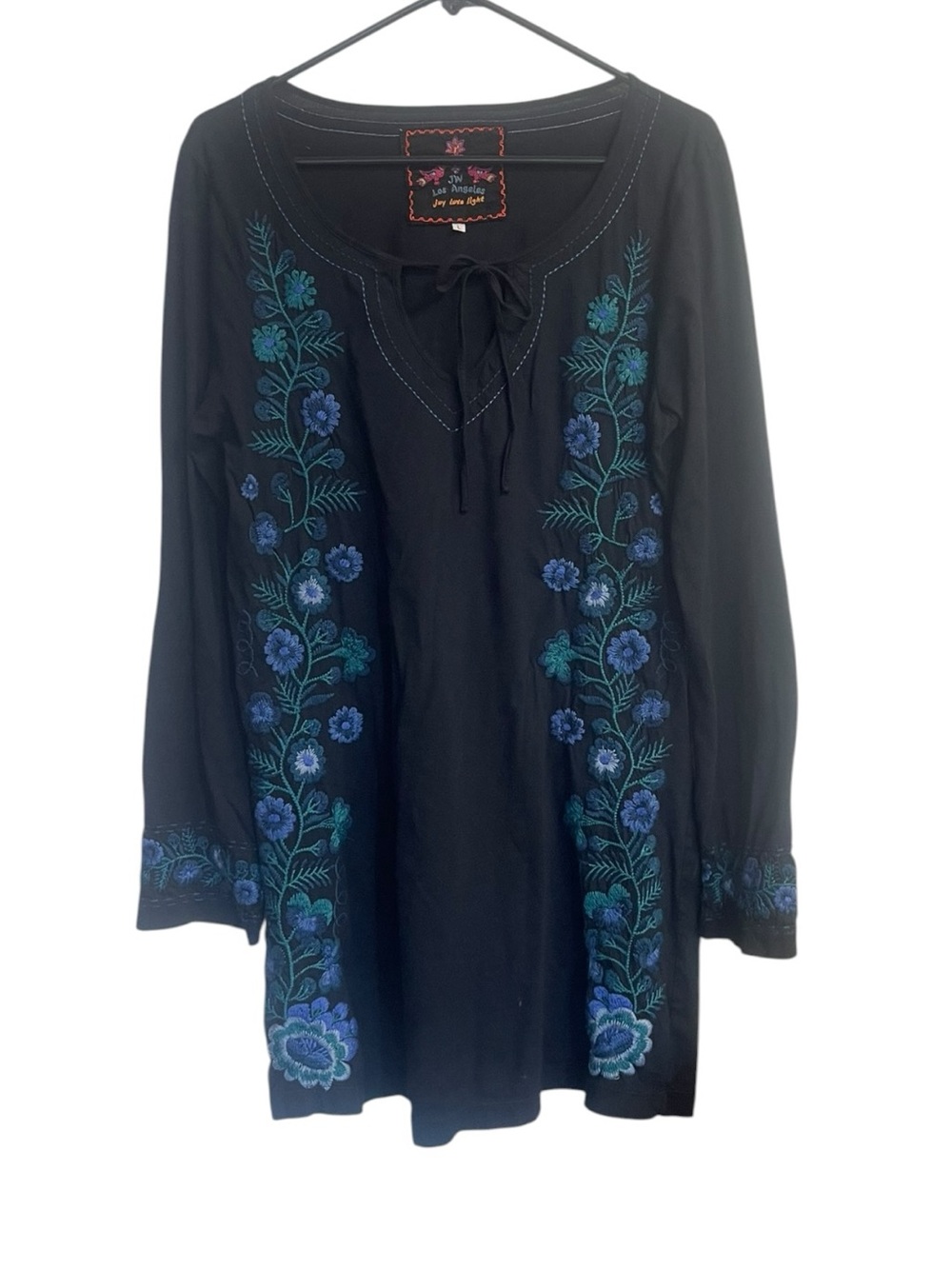 Johnny Was Joy Love Light L Black Embroidered Floral Cotton Tunic Top